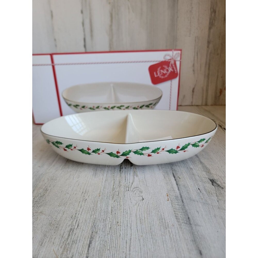 Lenox NEW white‎ winter greetings divided oval bowl mistletoe Xmas kitchen